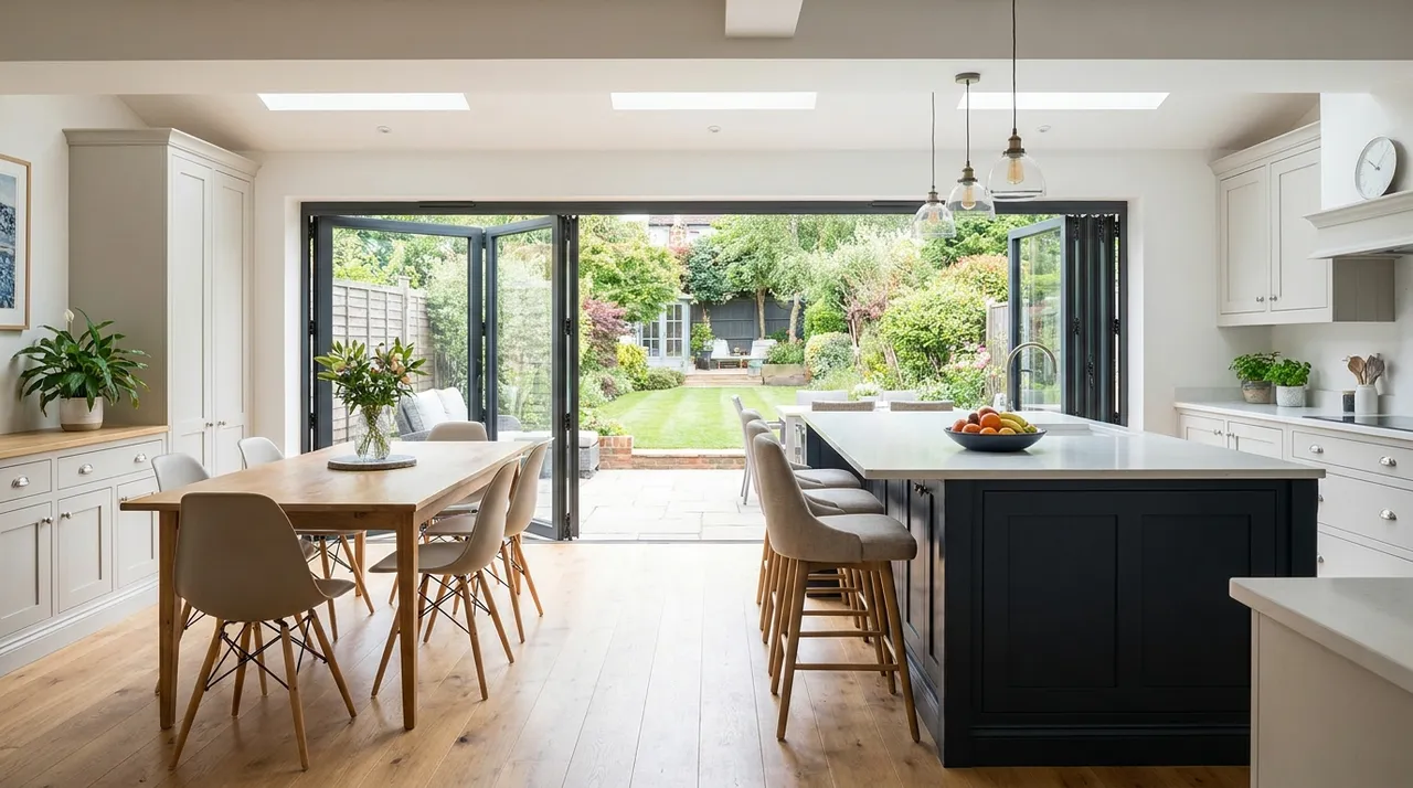 The finished open-plan kitchen-diner after the renovation, with a central island, dining area and bifold doors to the garden