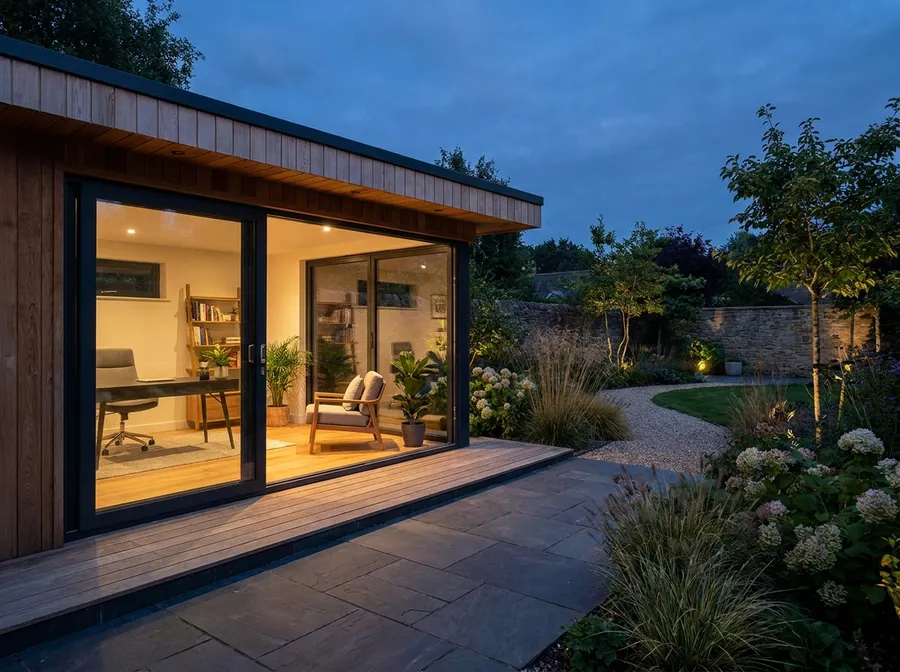 A contemporary insulated garden room home office with cedar cladding, glowing at dusk in a landscaped garden